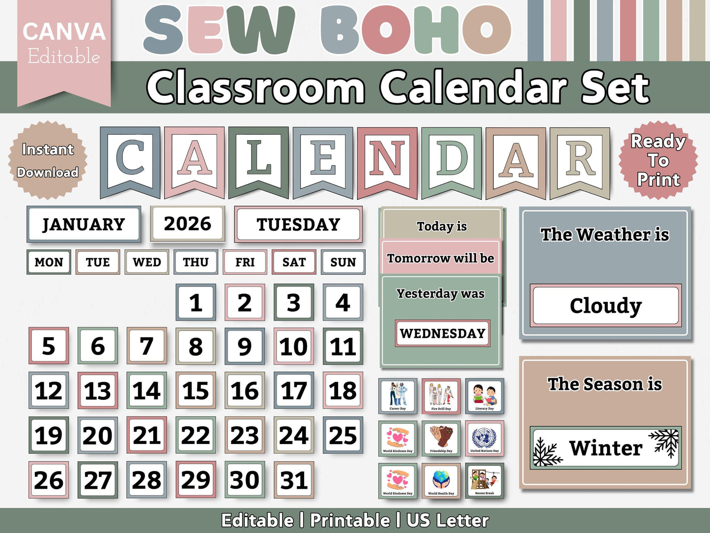 2026 Modern Boho Classroom Calendar & Educational for kids (Editable Canva Template)