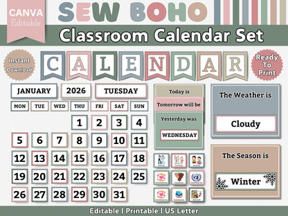 2026 Modern Boho Classroom Calendar & Educational for kids (Editable Canva Template)