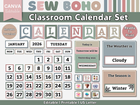 2026 Modern Boho Classroom Calendar & Educational for kids (Editable Canva Template)