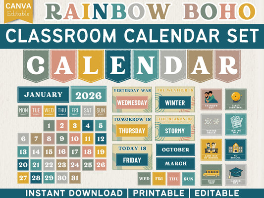 2026 Boho Classroom Calendar & Weather Station Editable Calendar (Digital Download)