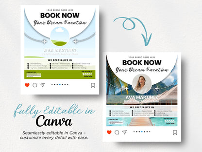 Travel Agent Flyer Template, 1080x1080px, Canva Editable, Marketing Templates, Instagram Square