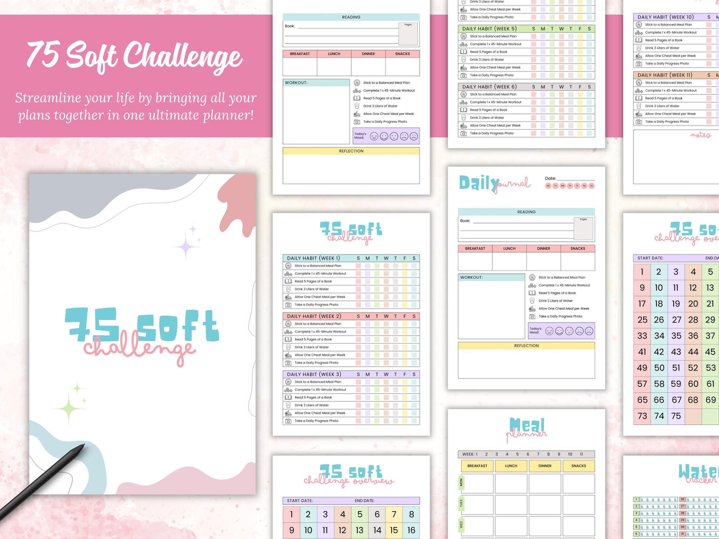 75 Soft Challenge Tracker Printable, 75 Soft Challenge Editable, 75 Easy Challenges, Printable Planner, Editable Soft Challenge Planner