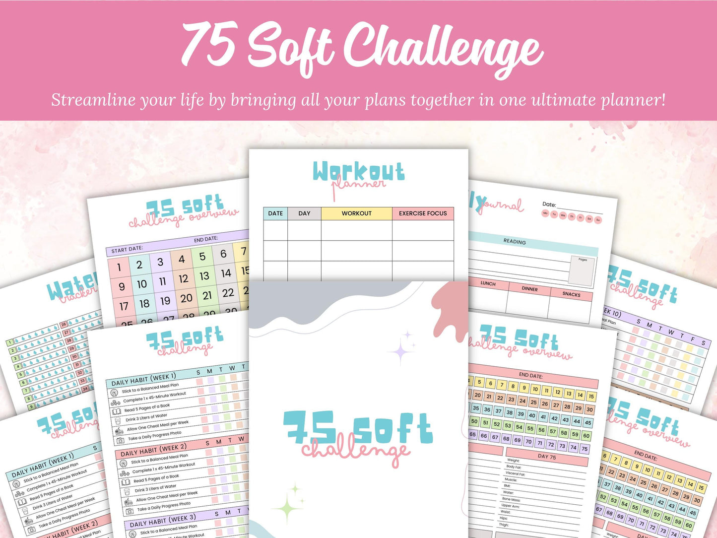 75 Soft Challenge Tracker Printable, 75 Soft Challenge Editable, 75 Easy Challenges, Printable Planner, Editable Soft Challenge Planner