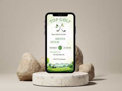 Vorlage für eine erstklassige goldene Geburtstagseinladung, bearbeitbare Top-Golf-Geburtstagseinladung, animierte Videoeinladung zur Party, digitaler Download