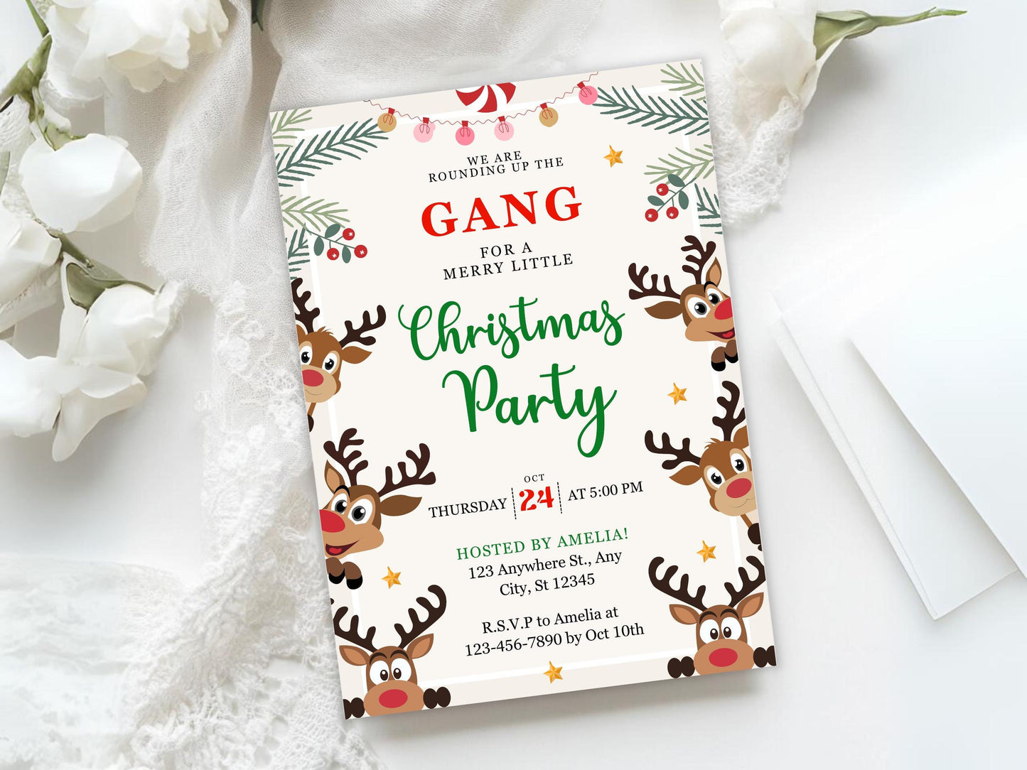 Einladungsvorlage für eine Rentier-Weihnachtsfeier, bearbeitbare Einladung zur Rentier-Weihnachtsfeier, Einladung zur Rentier-Party, Weihnachtsfeier