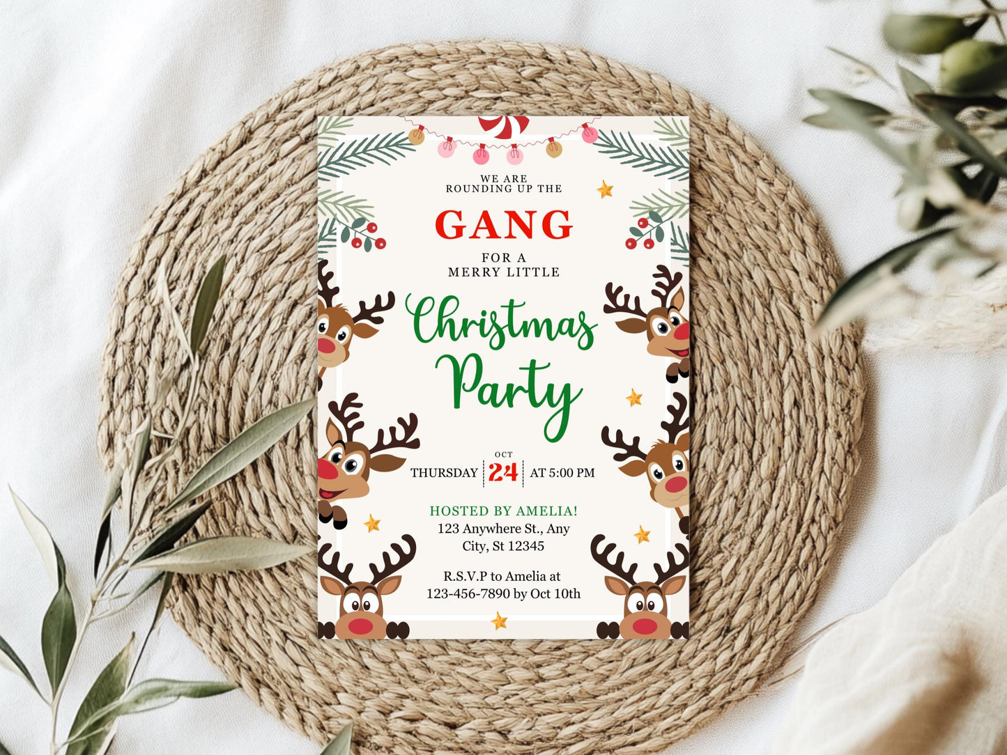 Einladungsvorlage für eine Rentier-Weihnachtsfeier, bearbeitbare Einladung zur Rentier-Weihnachtsfeier, Einladung zur Rentier-Party, Weihnachtsfeier