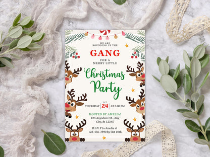 Einladungsvorlage für eine Rentier-Weihnachtsfeier, bearbeitbare Einladung zur Rentier-Weihnachtsfeier, Einladung zur Rentier-Party, Weihnachtsfeier