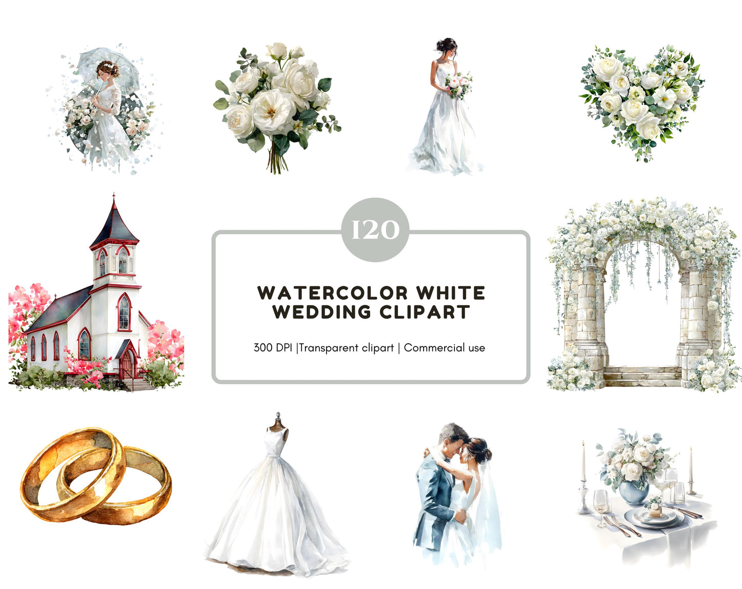 120 Wedding Clipart Bundle, White Wedding Clipart, Watercolor Wedding Couple Clipart, Bride Clipart, Wedding Elements, Rustic Wedding png