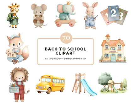70 Back To School Animal Clipart, Watercolor School Animal Clipart, Nursery Decor, Back To School png, Commercial Use, Digital Download