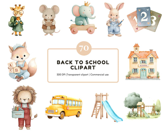 70 Back To School Animal Clipart, Watercolor School Animal Clipart, Nursery Decor, Back To School png, Commercial Use, Digital Download