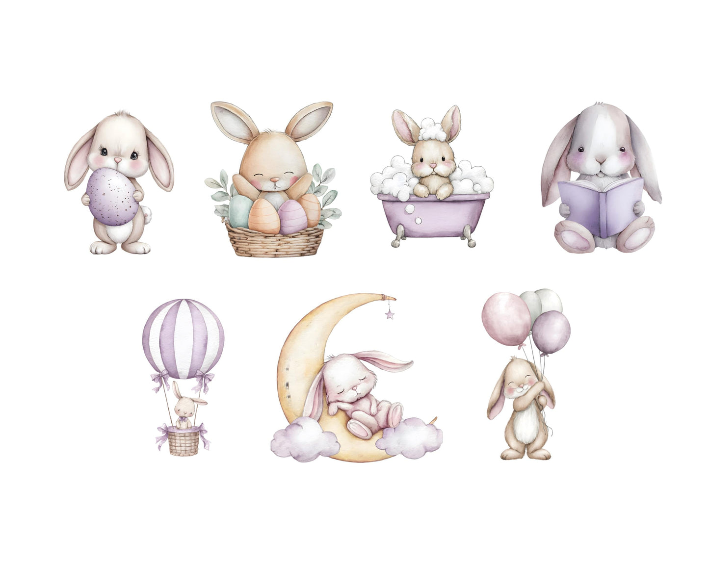 Lila Hasen-Clipart-Bundle mit Aquarellmotiven, niedlicher lila Hase (PNG), Boho-Hasen-Clipart, Boho-Babyparty, lila Ballerina-Hasen-Clipart