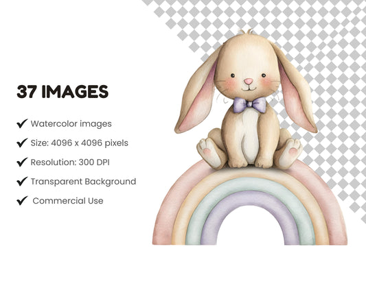 Watercolor Purple Bunny Clipart Bundle, Cute Purple Bunny png, Boho Bunny Clipart, Boho Baby Shower, Purple Ballerina Bunny Clipart