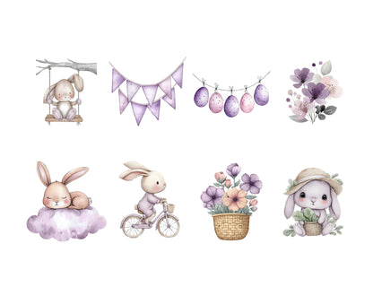 Lila Hasen-Clipart-Bundle mit Aquarellmotiven, niedlicher lila Hase (PNG), Boho-Hasen-Clipart, Boho-Babyparty, lila Ballerina-Hasen-Clipart
