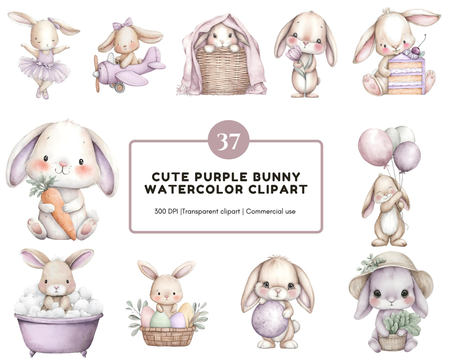 Lila Hasen-Clipart-Bundle mit Aquarellmotiven, niedlicher lila Hase (PNG), Boho-Hasen-Clipart, Boho-Babyparty, lila Ballerina-Hasen-Clipart