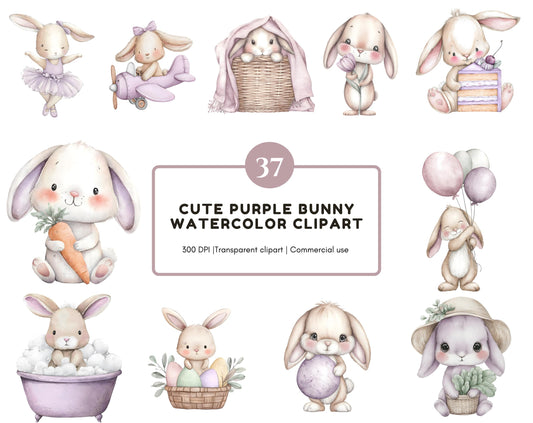 Watercolor Purple Bunny Clipart Bundle, Cute Purple Bunny png, Boho Bunny Clipart, Boho Baby Shower, Purple Ballerina Bunny Clipart