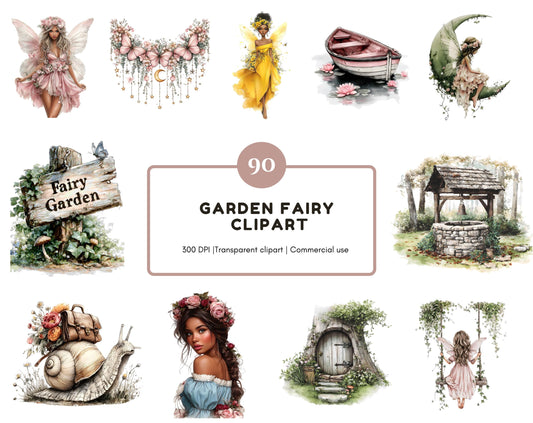 Garden Fairy Clipart png Bundle, Watercolor Megical Fairies Clipart Set, Forest Design Elements Clipart, Commercial Use, Digital Download