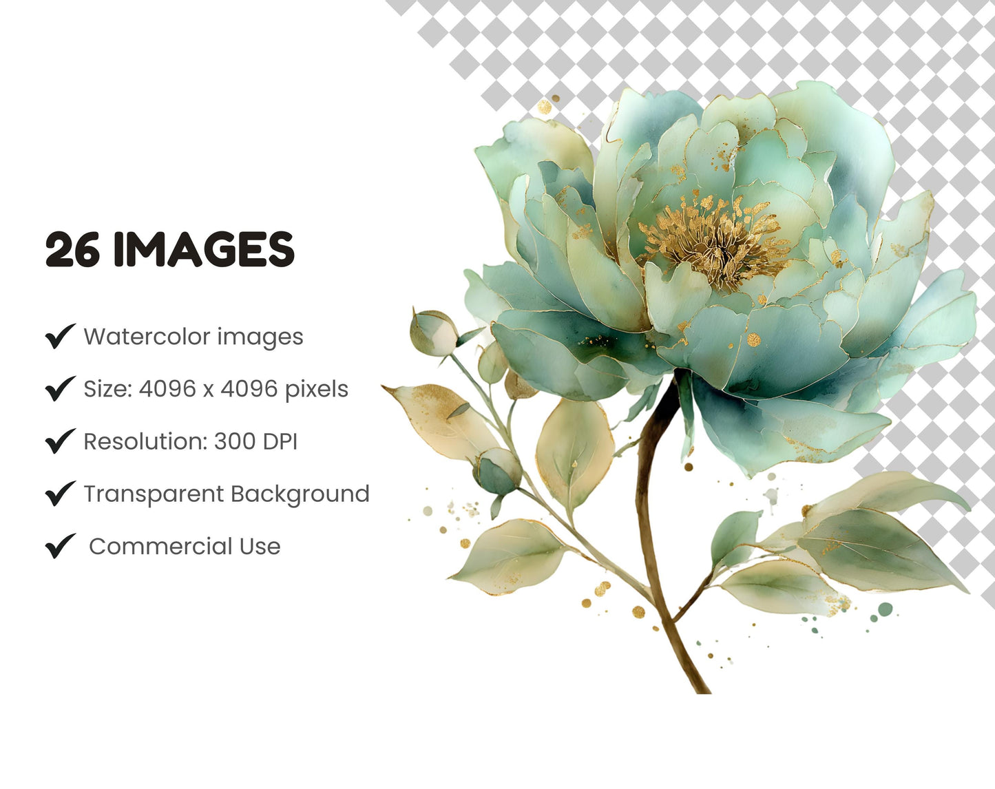 26 abstrakte Blumen-Cliparts, Aquarell-Cliparts mit abstrakten grünen Blumen, florale PNG-Dateien, mintgrüne und goldene Blumen (PNG), digitaler Download
