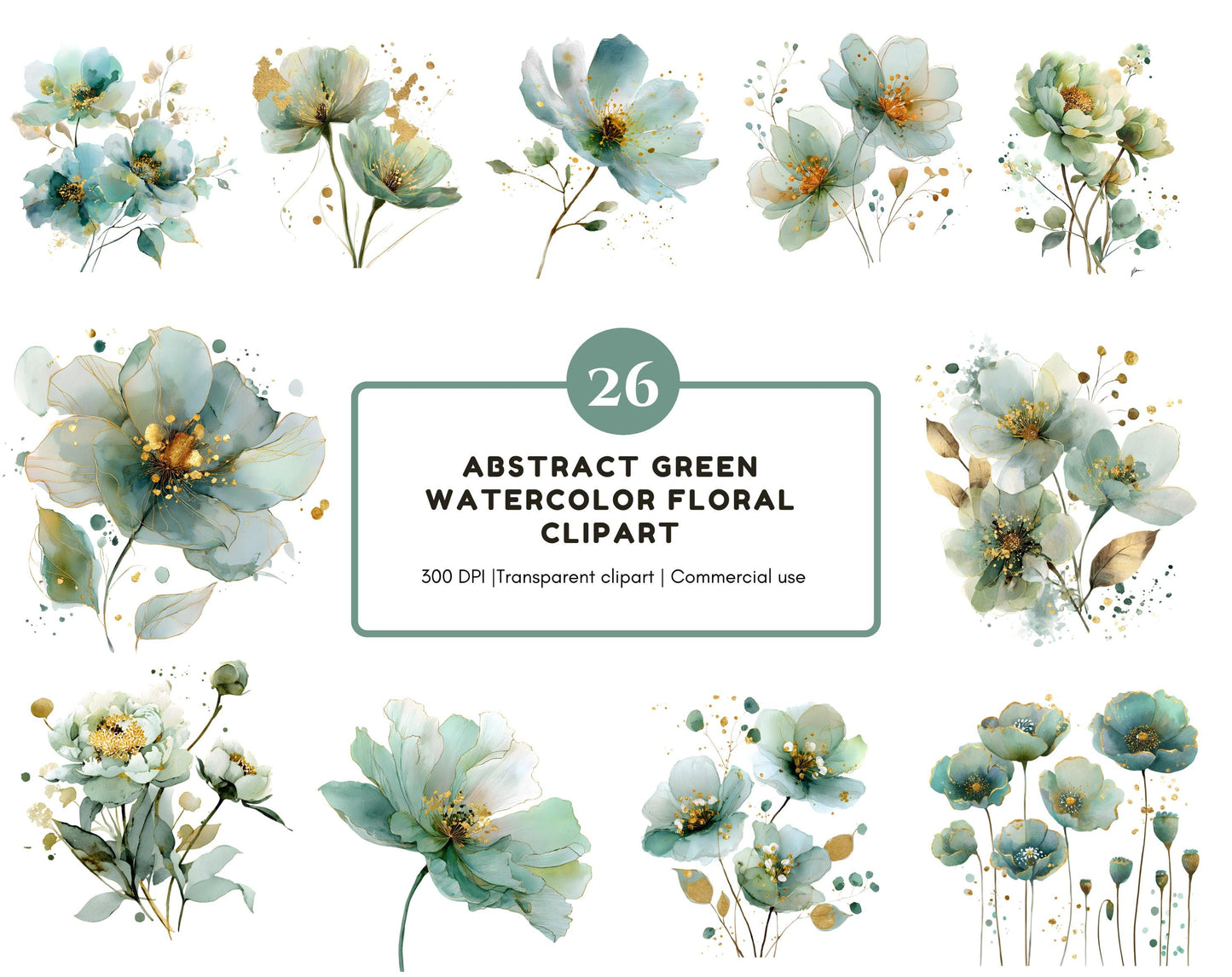 26 abstrakte Blumen-Cliparts, Aquarell-Cliparts mit abstrakten grünen Blumen, florale PNG-Dateien, mintgrüne und goldene Blumen (PNG), digitaler Download