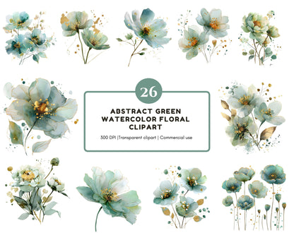 26 abstrakte Blumen-Cliparts, Aquarell-Cliparts mit abstrakten grünen Blumen, florale PNG-Dateien, mintgrüne und goldene Blumen (PNG), digitaler Download
