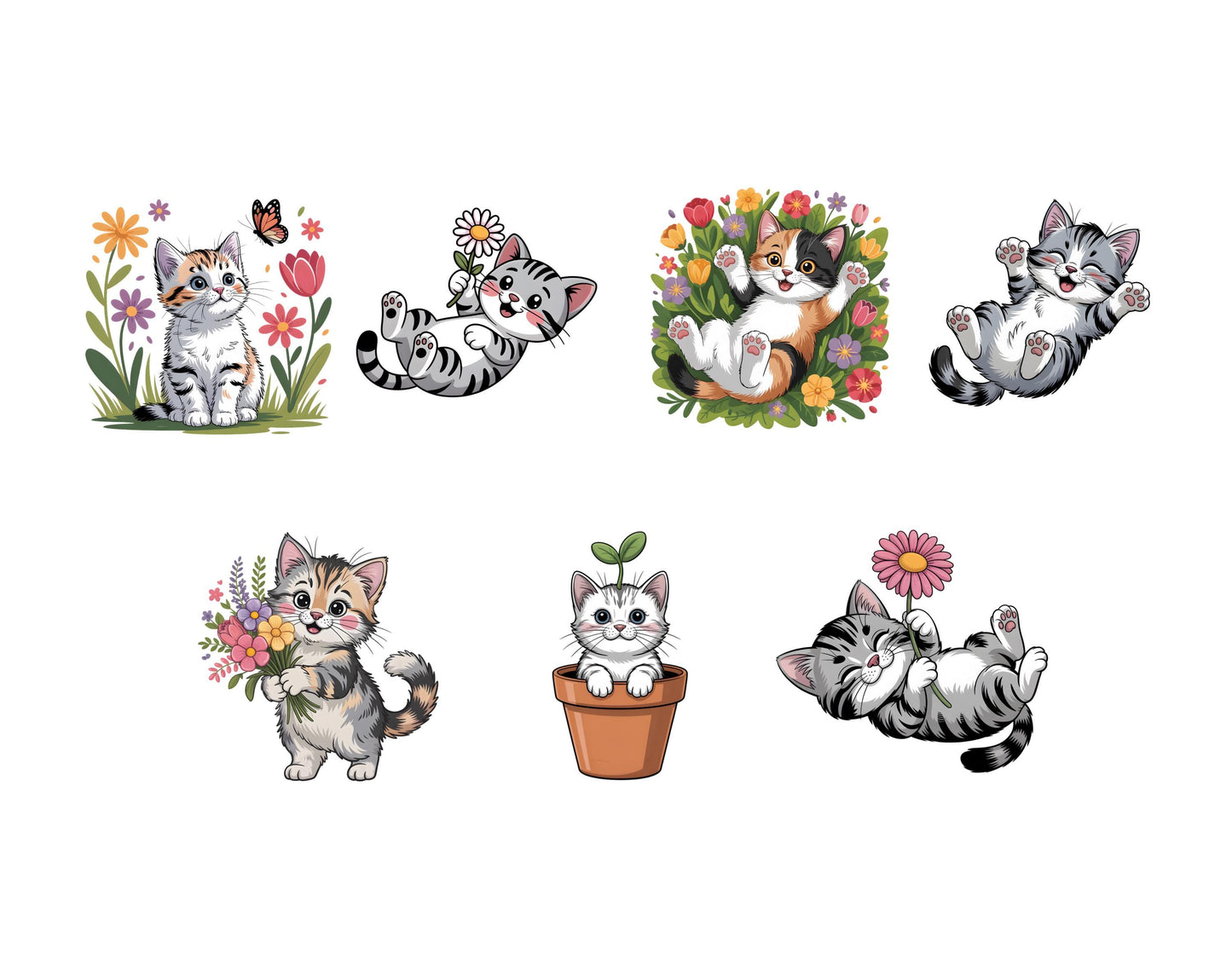 Frühlingskätzchen-Clipart-Bundle, Kätzchen-PNG, Aquarell-Kätzchen-Clipart, süße Katze-PNG, süße Frühlingskatze-PNG, Blumenkatzen-Clipart, Kätzchen-Aufkleber