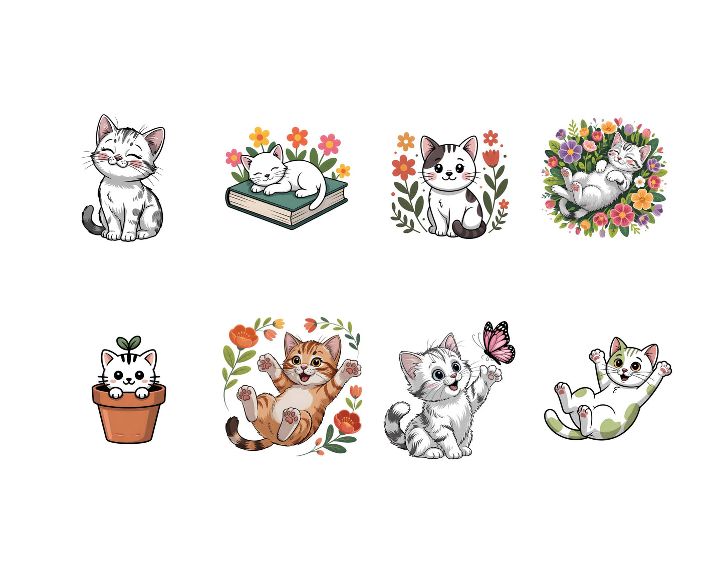 Frühlingskätzchen-Clipart-Bundle, Kätzchen-PNG, Aquarell-Kätzchen-Clipart, süße Katze-PNG, süße Frühlingskatze-PNG, Blumenkatzen-Clipart, Kätzchen-Aufkleber