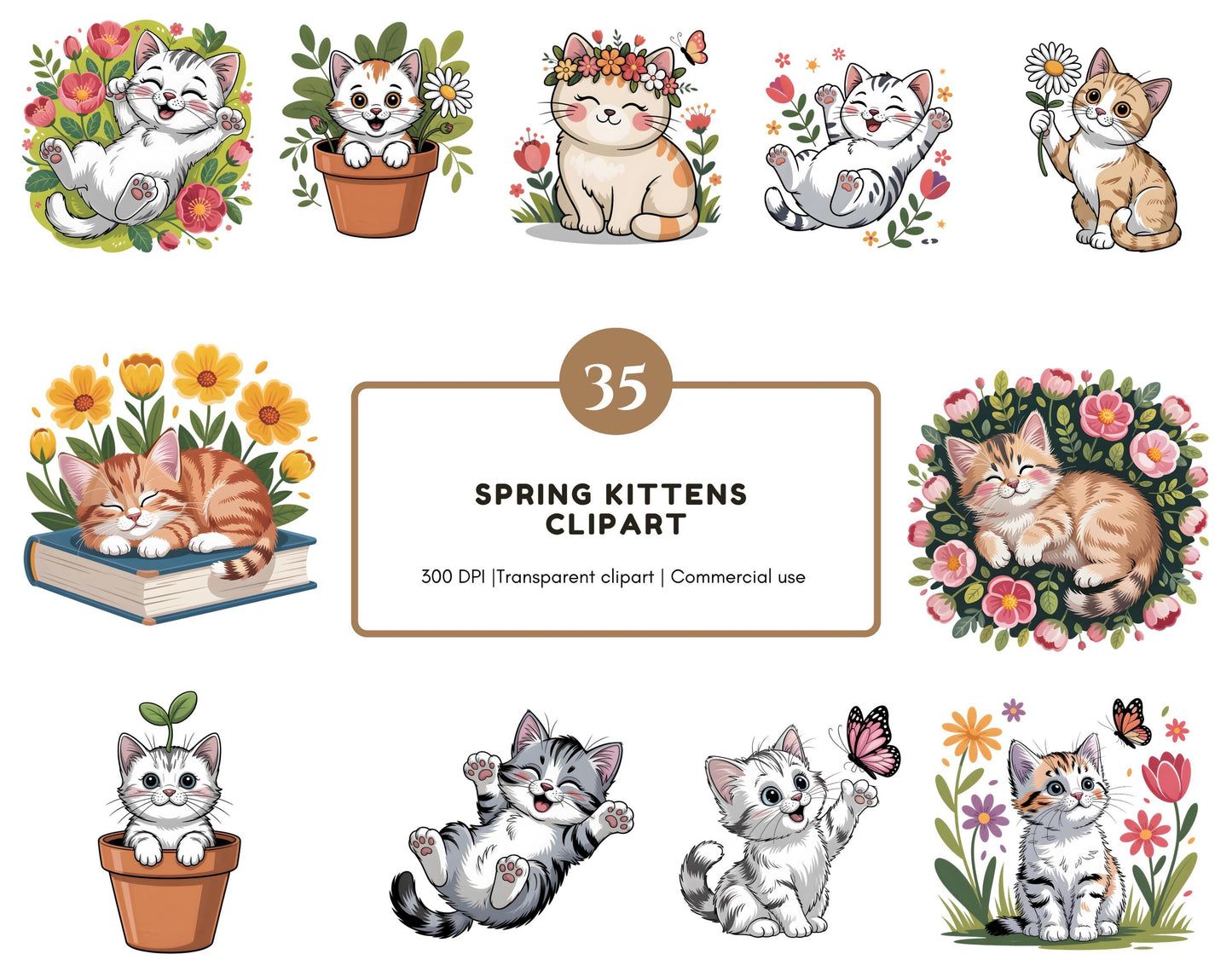 Frühlingskätzchen-Clipart-Bundle, Kätzchen-PNG, Aquarell-Kätzchen-Clipart, süße Katze-PNG, süße Frühlingskatze-PNG, Blumenkatzen-Clipart, Kätzchen-Aufkleber