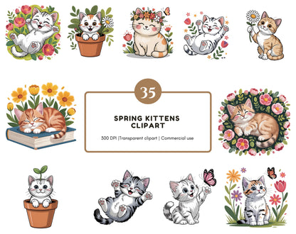 Frühlingskätzchen-Clipart-Bundle, Kätzchen-PNG, Aquarell-Kätzchen-Clipart, süße Katze-PNG, süße Frühlingskatze-PNG, Blumenkatzen-Clipart, Kätzchen-Aufkleber