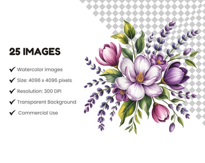 25 Purple Flowers Bouquet Clipart Set, Violet Flower png, Watercolor Purple Flower Clipart, Floral png, High Quality png, Digital Download