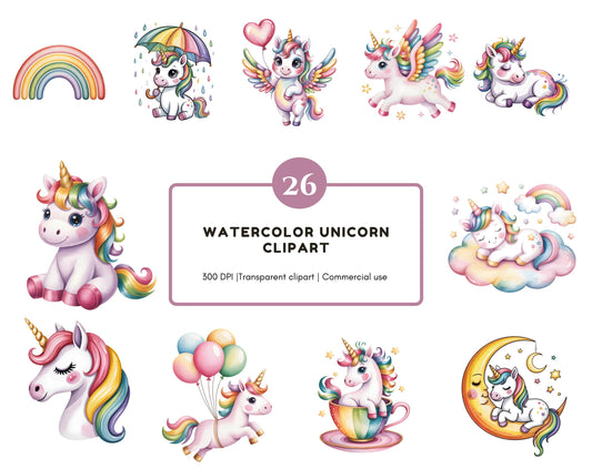 Watercolor Unicorn Clipart Bundle, Cute Unicorn Clipart, Baby Unicorn png, Little Pastel Unicorns, Nursery Art, Digital Download