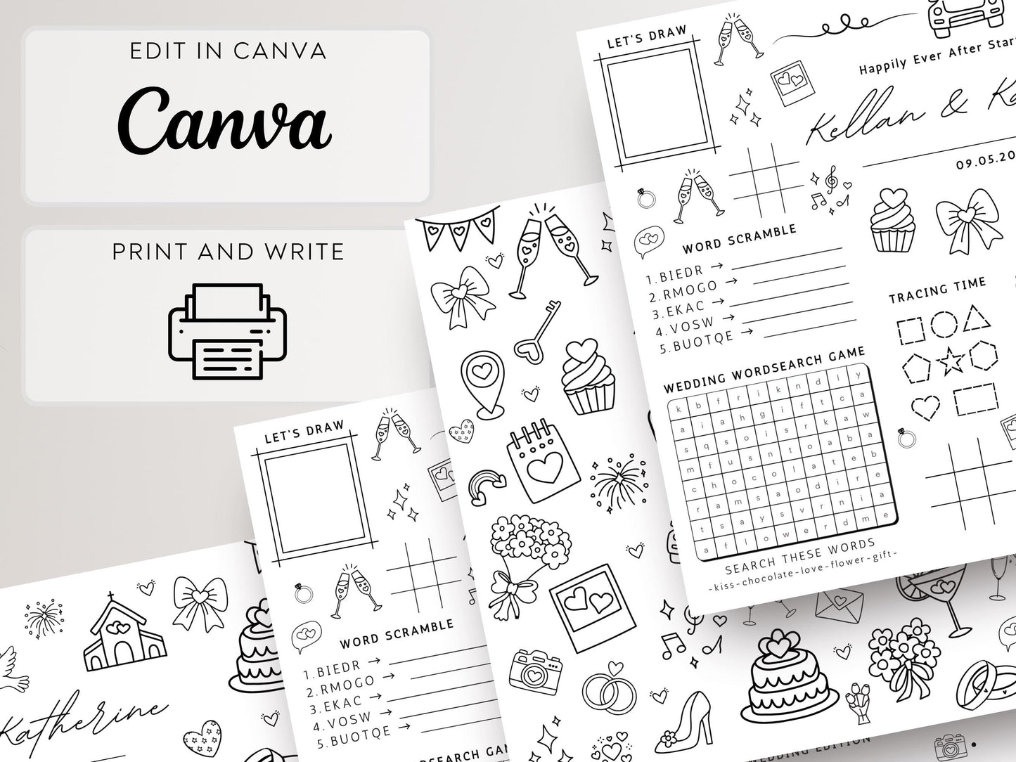 Personalized Wedding Activity Placemat, Kids Coloring Pages (Printable PDF, Editable in Canva)