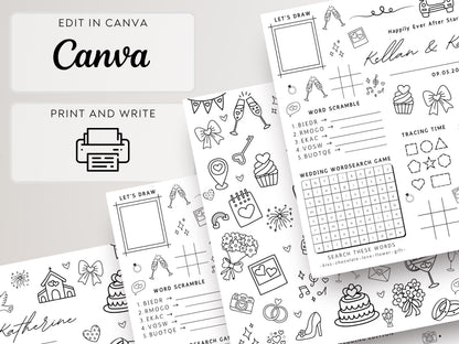 Personalized Wedding Activity Placemat, Kids Coloring Pages (Printable PDF, Editable in Canva)
