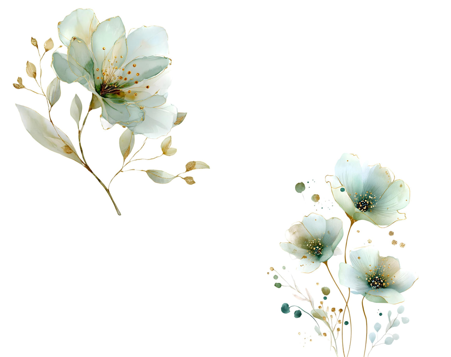 25 abstrakte grüne Blumen-Cliparts, Grüne Blumen-Clipart-Bundle, Mintgrüne und goldene Blumen (PNG), Grüne Blumen (PNG), Digitaler Download