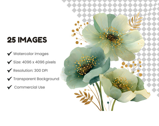 25 Abstract Green Flowers Clipart, Green Flower Clipart Bundle, Mint Green And Gold Flower png, Green Floral png, Digital Download