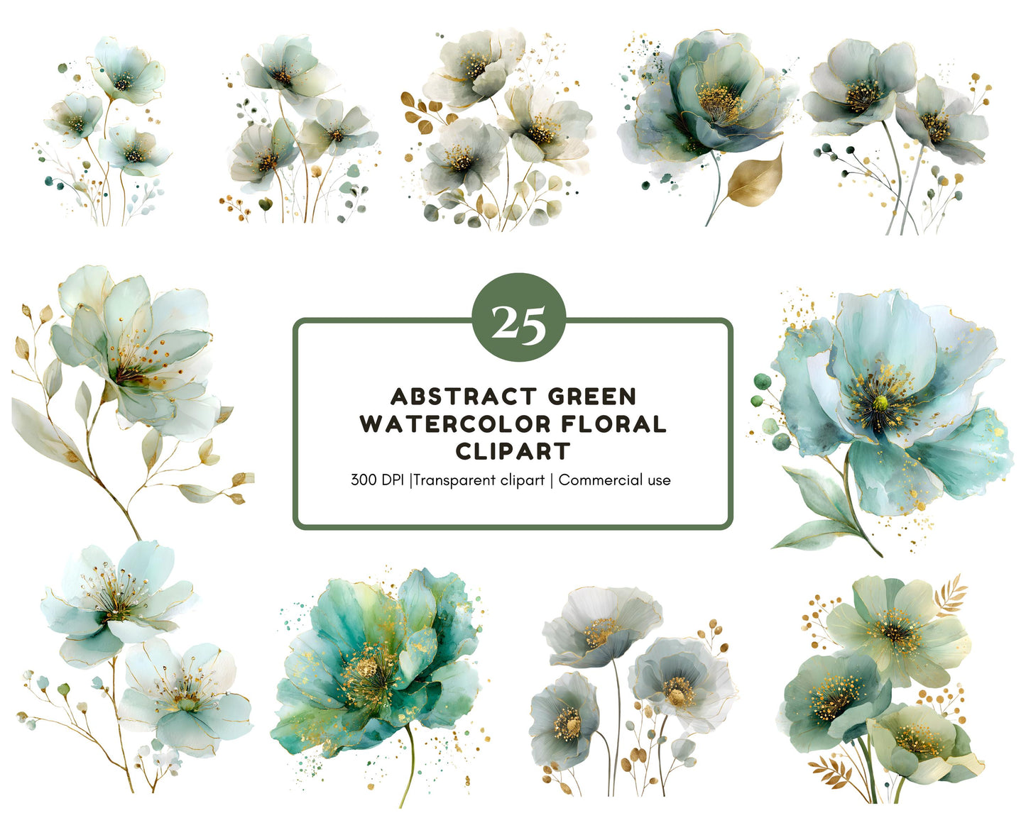 25 abstrakte grüne Blumen-Cliparts, Grüne Blumen-Clipart-Bundle, Mintgrüne und goldene Blumen (PNG), Grüne Blumen (PNG), Digitaler Download
