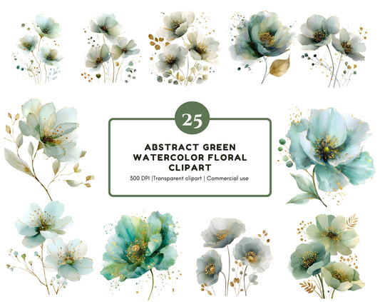 25 Abstract Green Flowers Clipart, Green Flower Clipart Bundle, Mint Green And Gold Flower png, Green Floral png, Digital Download