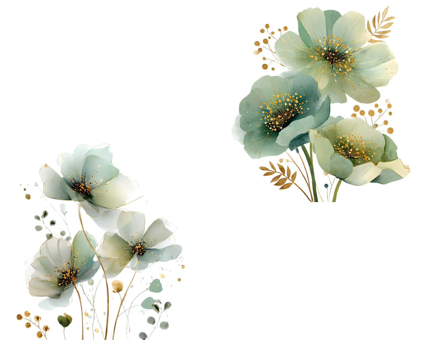 25 abstrakte grüne Blumen-Cliparts, Grüne Blumen-Clipart-Bundle, Mintgrüne und goldene Blumen (PNG), Grüne Blumen (PNG), Digitaler Download
