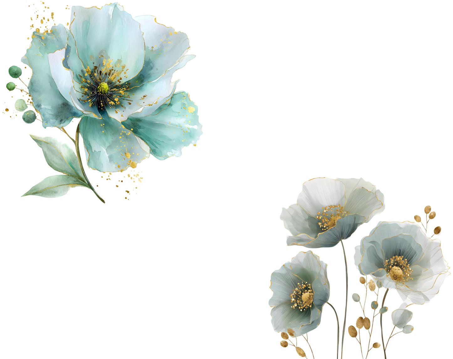 25 abstrakte grüne Blumen-Cliparts, Grüne Blumen-Clipart-Bundle, Mintgrüne und goldene Blumen (PNG), Grüne Blumen (PNG), Digitaler Download