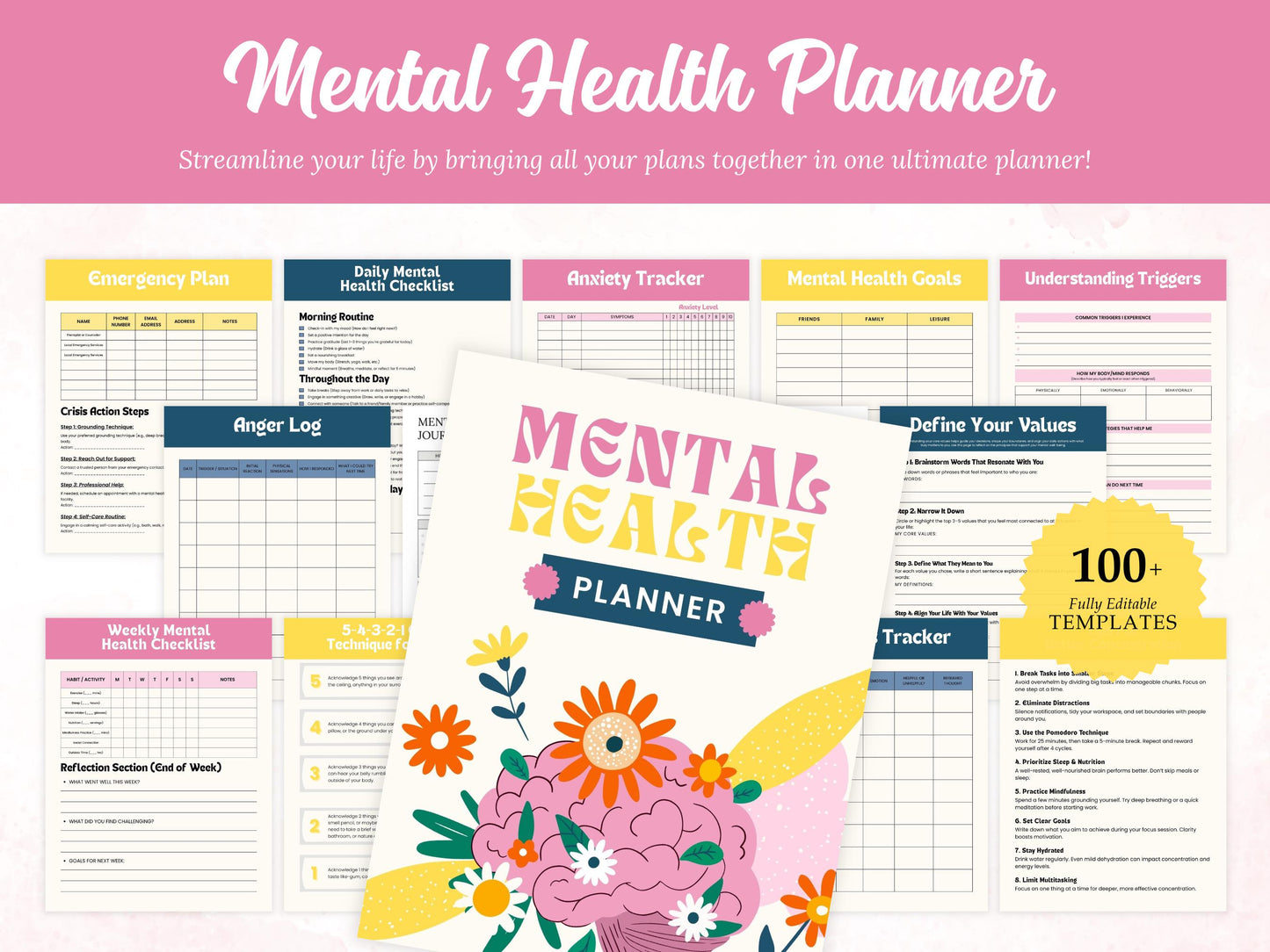 Mental Health Planner Template Printable, Mental Health Journal Bundle, Wellness Workbook, Therapy Worksheet, Self care Tracker Management