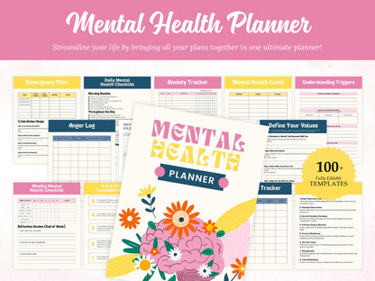Mental Health Planner Template Printable, Mental Health Journal Bundle, Wellness Workbook, Therapy Worksheet, Self care Tracker Management