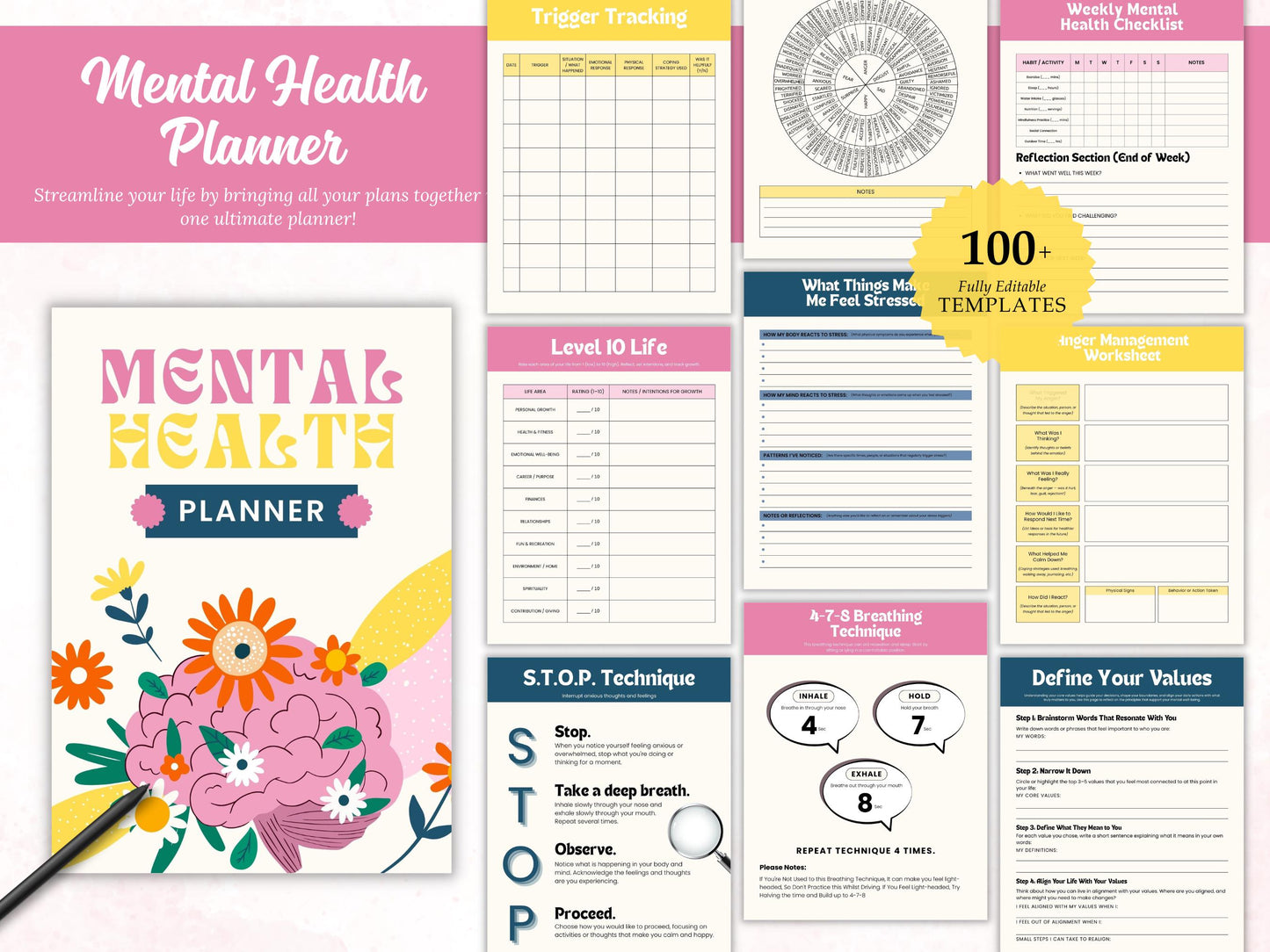 Mental Health Planner Template Printable, Mental Health Journal Bundle, Wellness Workbook, Therapy Worksheet, Self care Tracker Management