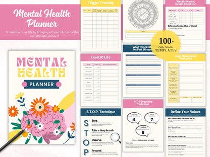 Mental Health Planner Template Printable, Mental Health Journal Bundle, Wellness Workbook, Therapy Worksheet, Self care Tracker Management