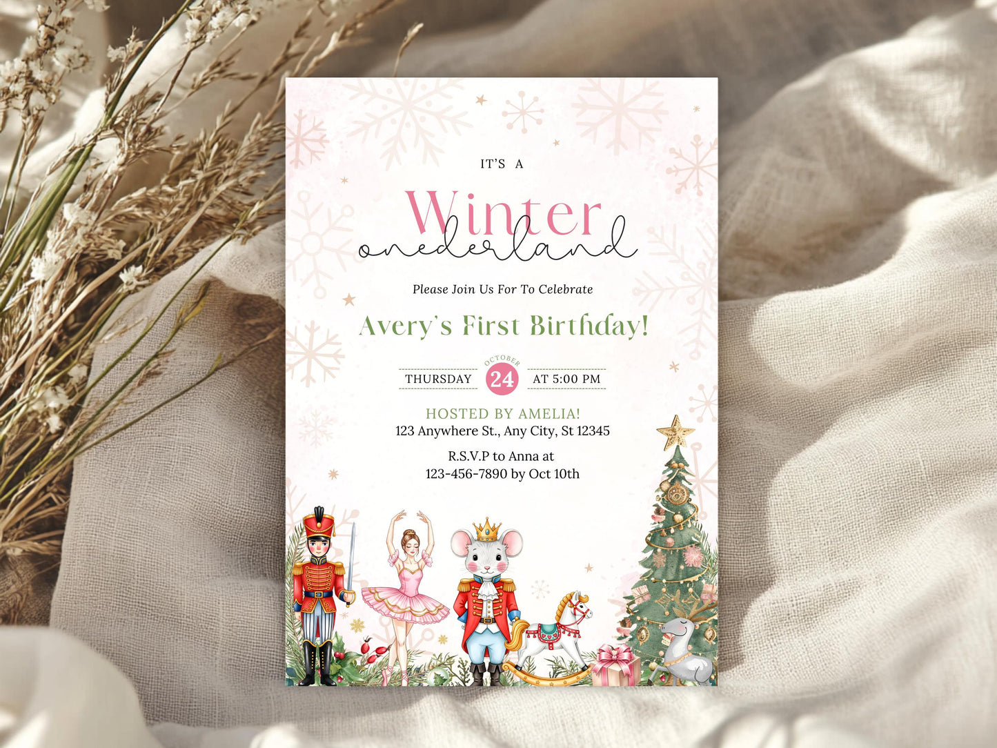 Invitation d'anniversaire Casse-Noisette au Pays des Merveilles d'Hiver, Invitation pour le 1er anniversaire d'une petite fille à Noël, Modèle d'invitation d'anniversaire, Premier anniversaire de Noël