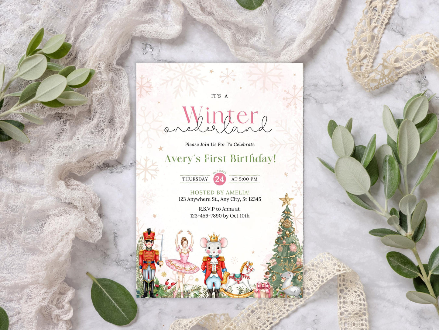 Invitation d'anniversaire Casse-Noisette au Pays des Merveilles d'Hiver, Invitation pour le 1er anniversaire d'une petite fille à Noël, Modèle d'invitation d'anniversaire, Premier anniversaire de Noël