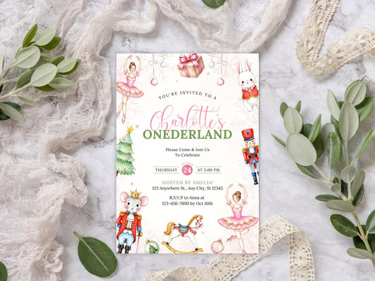 Winter Onederland Nutcracker Ballet Birthday Invitation, Christmas Girl 1st Birthday Invite, Birthday Invitation Template, Ballerina Invite