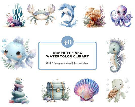 40 Under The Sea Clipart Bundle, Watercolor Under Sea png, Marine Animal Clipart, Whale png, Seahorse png, Sea Turtle png, Coral Reef png