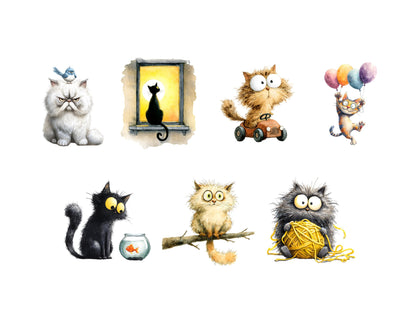 Lustige Katzen-Cliparts im Aquarellstil, niedliche Katzen-PNGs, Katzengrafiken, kommerzielle Nutzung, digitaler Download