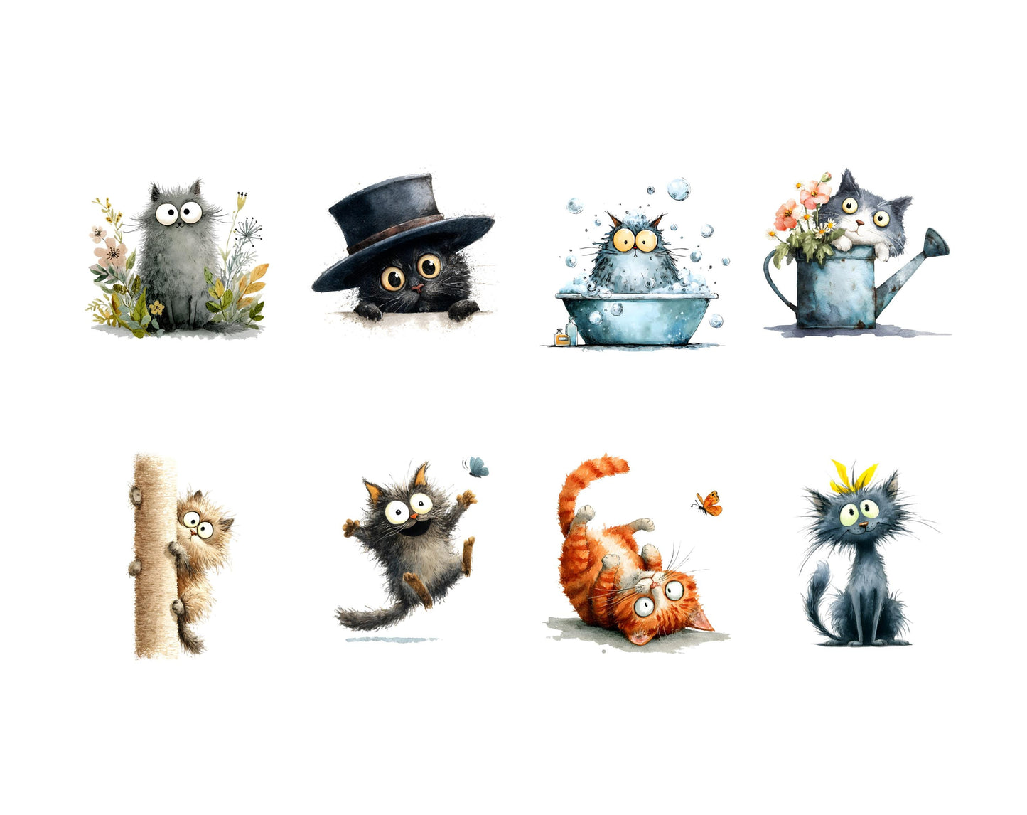 Lustige Katzen-Cliparts im Aquarellstil, niedliche Katzen-PNGs, Katzengrafiken, kommerzielle Nutzung, digitaler Download