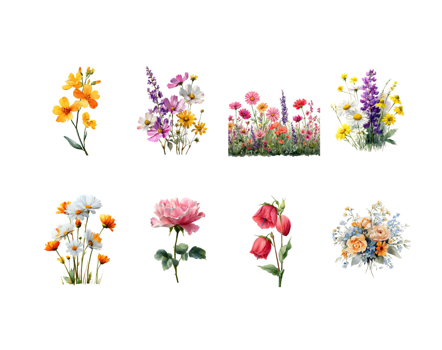 140 Field Flowers Clipart Bundle, Watercolor Wildflower Clipart Set, Floral Wreath png, Colorful Flower Bouquet Clipart, Floral Frame png