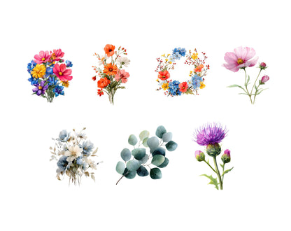 140 Field Flowers Clipart Bundle, Watercolor Wildflower Clipart Set, Floral Wreath png, Colorful Flower Bouquet Clipart, Floral Frame png