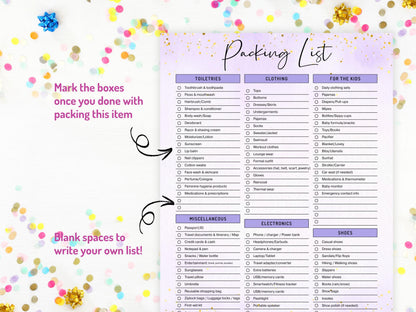 Packing List Template Printable, Editable Pack List, Vacation Packing List, Packing Checklist, Packing List Planner, Kids Packing List